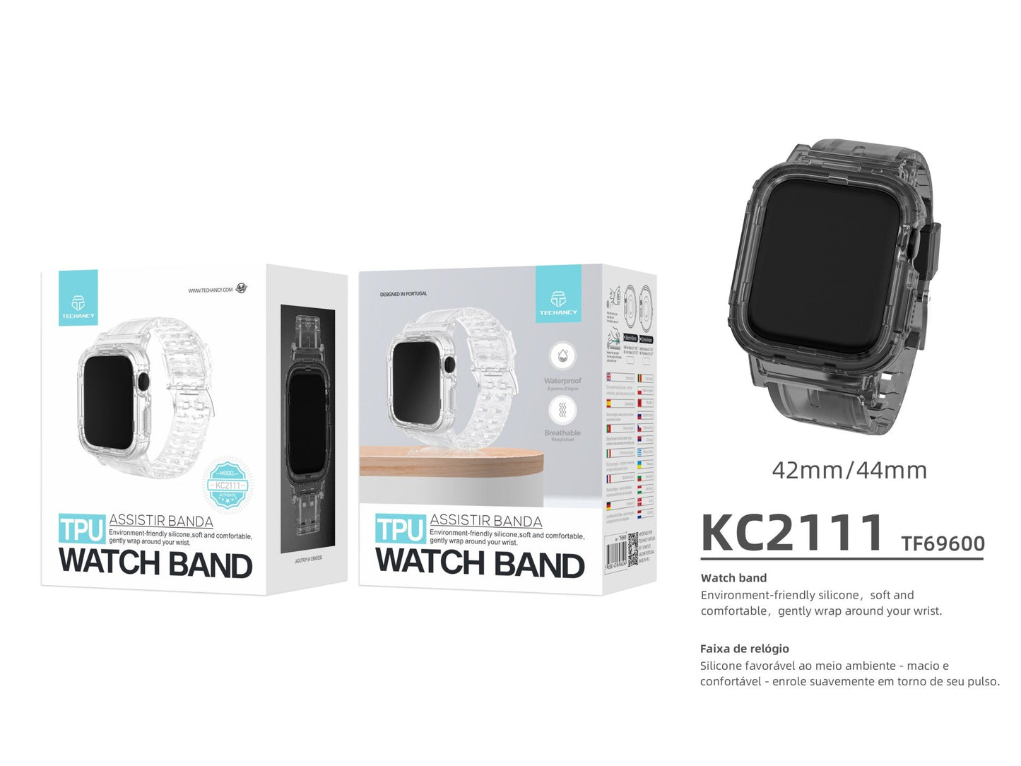 Pulseira de silicone para relógio Techancy, KC2111, compatível com Apple Watch 42-44 mm, Preto