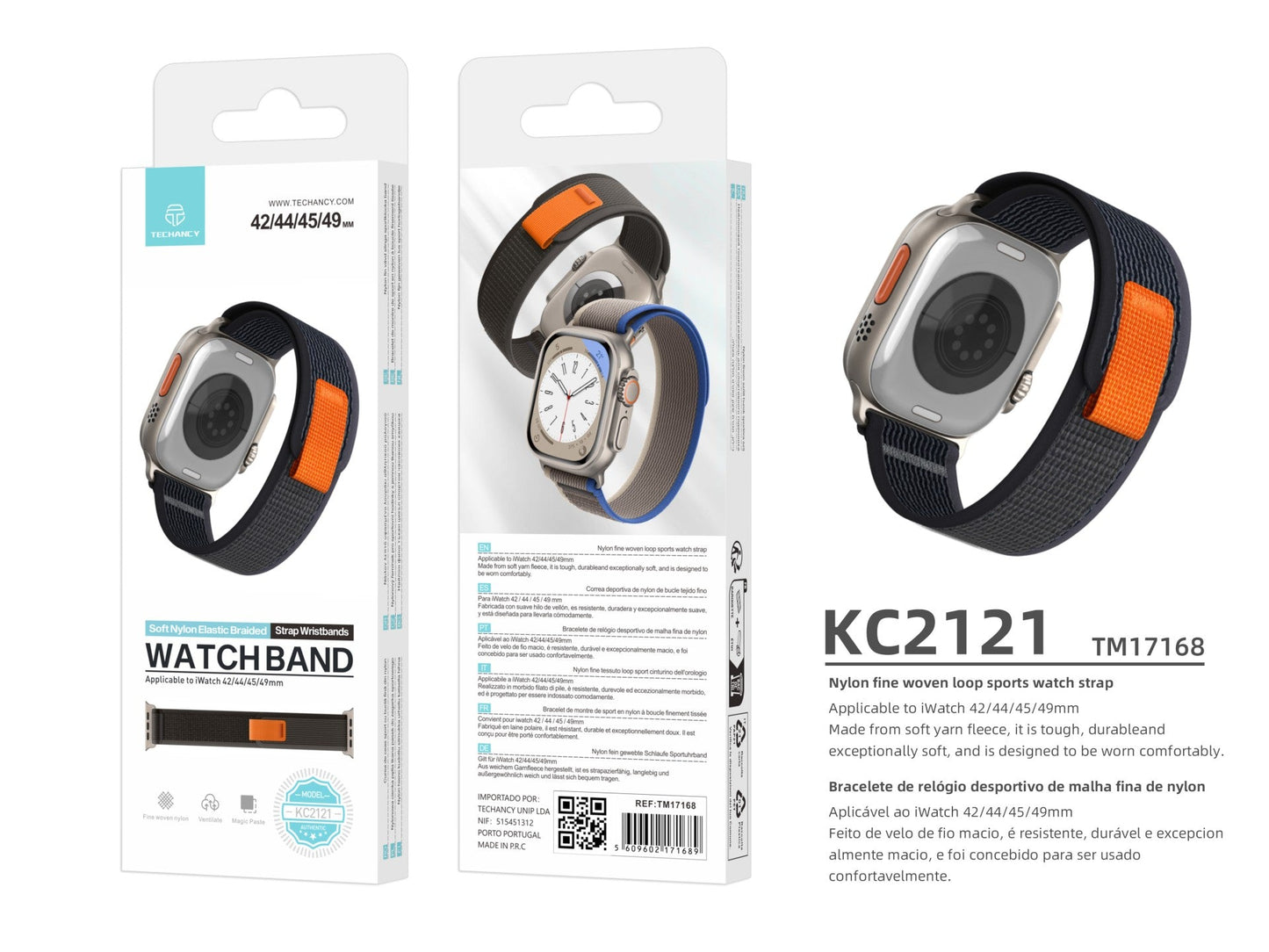 Techancy Faixa Desportiva Cinzenta KC2121, Compatível Com Apple Watch Ultra 42 Mm/44 Mm/45 Mm/49 Mm, Nylon E Velcro, Fecho Ajustável.